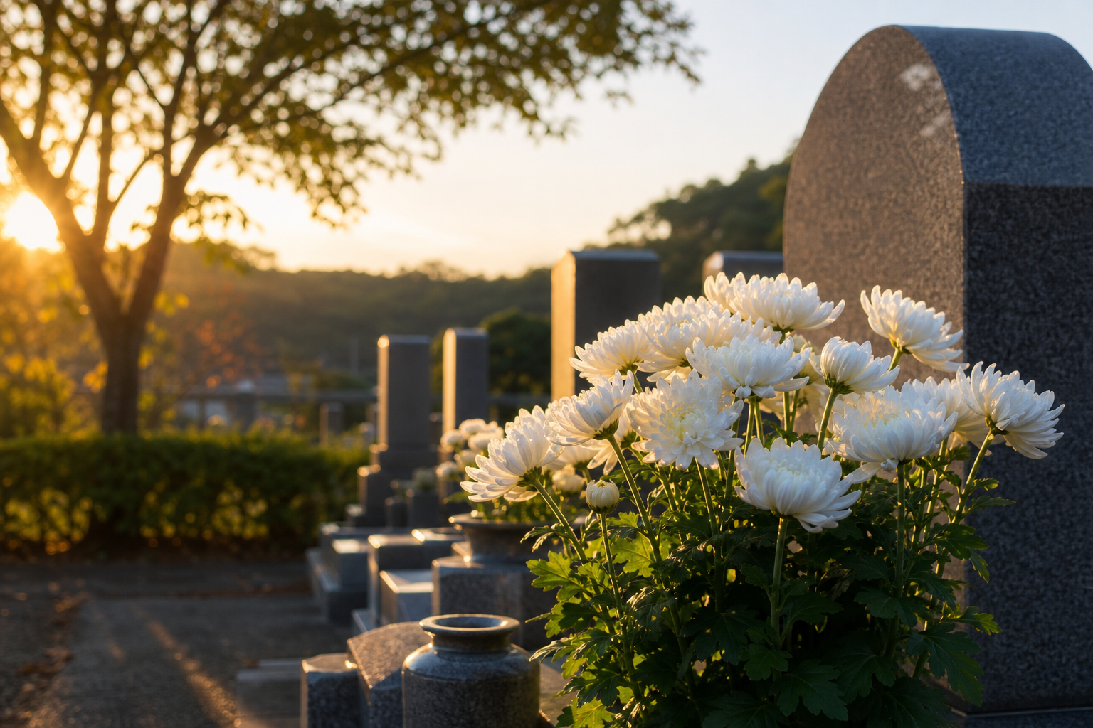 静かな霊園に咲く白い菊と石碑の穏やかな朝の光景