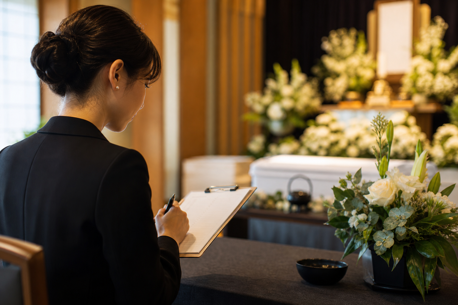 静かな会場で家族葬の参列者リストを確認する女性ディレクターの手元