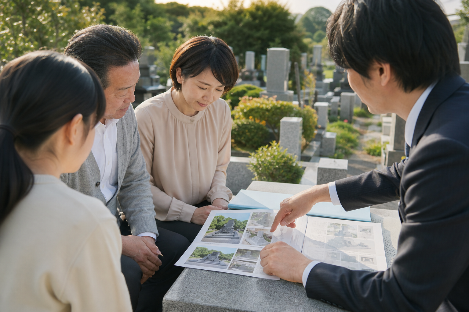 霊園で資料を広げて打ち合わせをする家族の手元