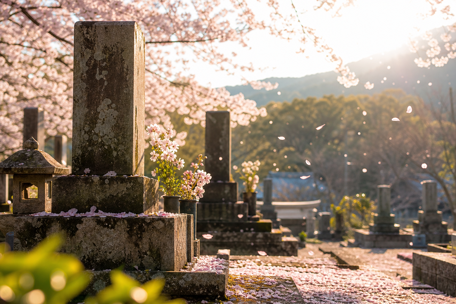 古い墓石と桜の花びら、穏やかな霊園の朝の光