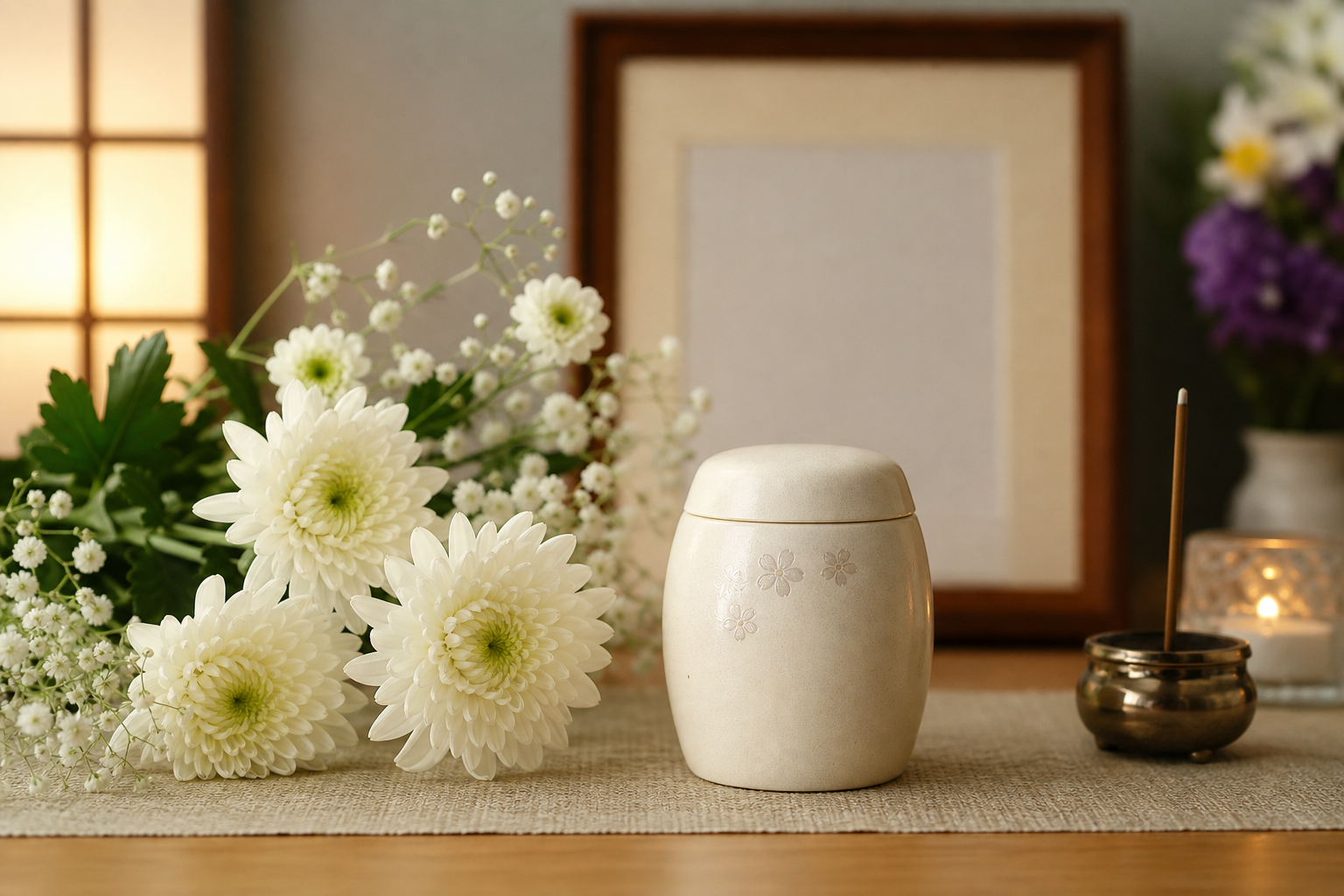 白い菊の花と小さなミニ骨壷が並ぶ静かな祭壇