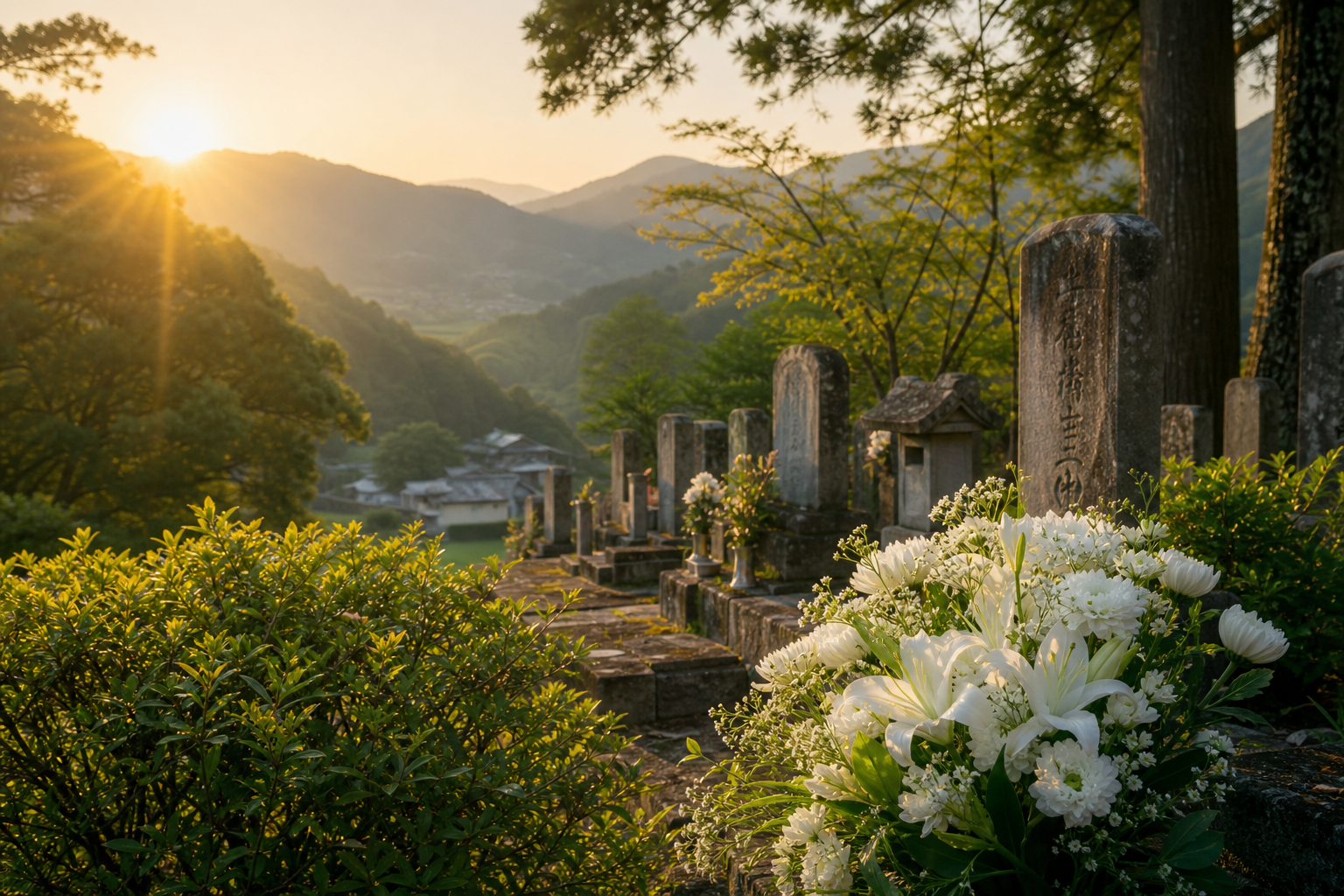 朝日に照らされた山あいの小さな墓地と白い花