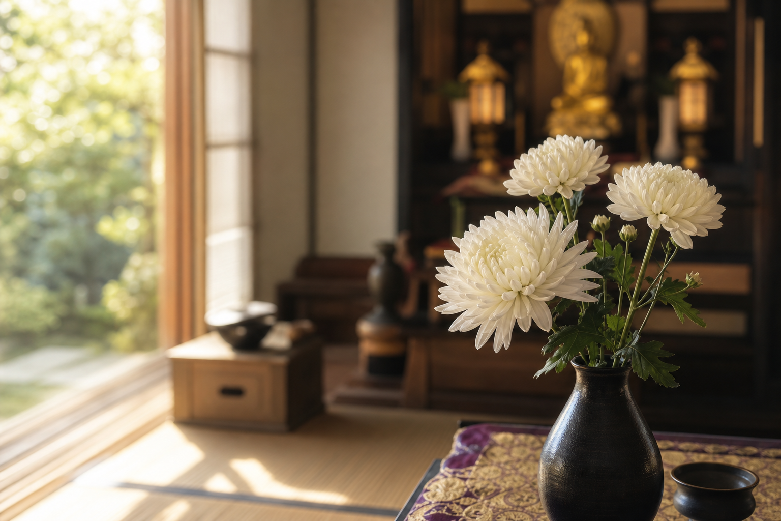 白い菊の花が静かに飾られた仏間の朝の光