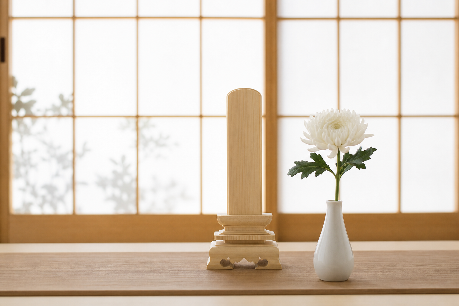 白い障子の前に置かれた白木の位牌と一輪の白菊