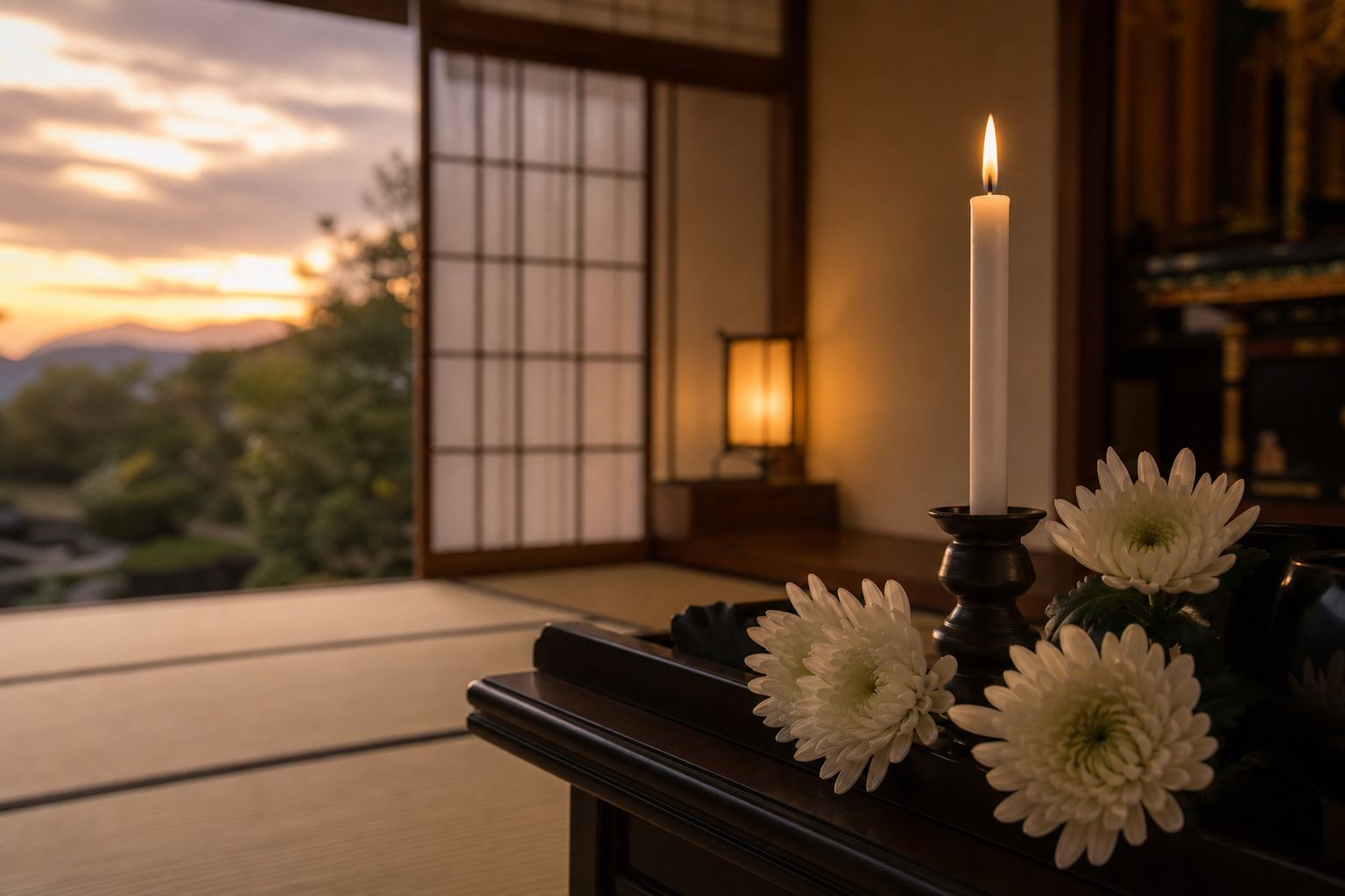夕暮れの和室に灯る一本のロウソクと白菊