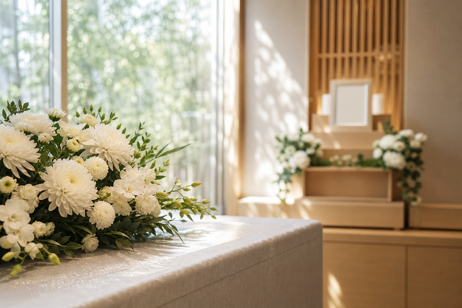 白い菊の花束と静かな朝の光が差し込む式場