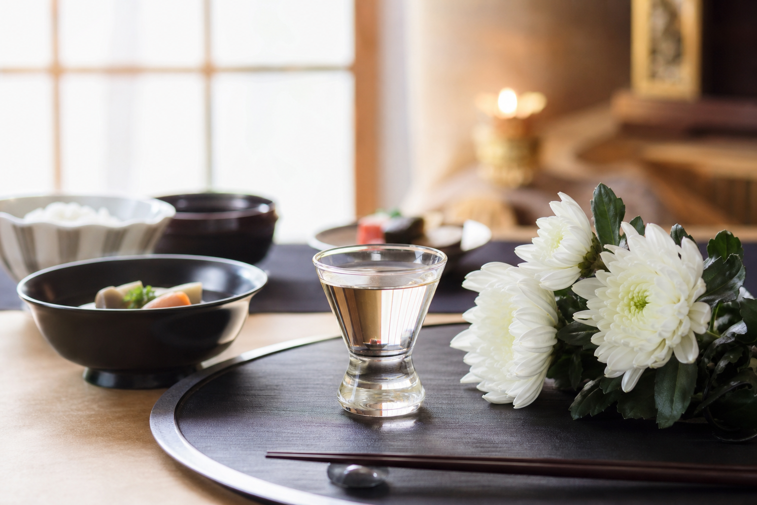 白い菊を添えたお斎の席、グラスに注がれた日本酒