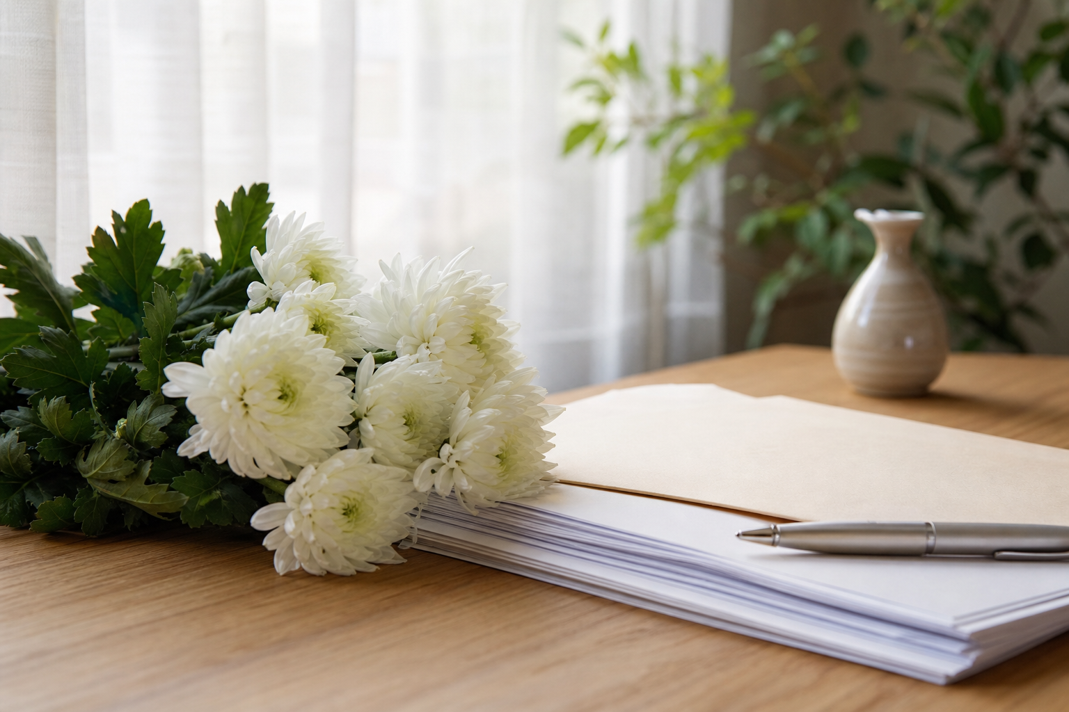白い菊の花と書類が並ぶ静かな机の上