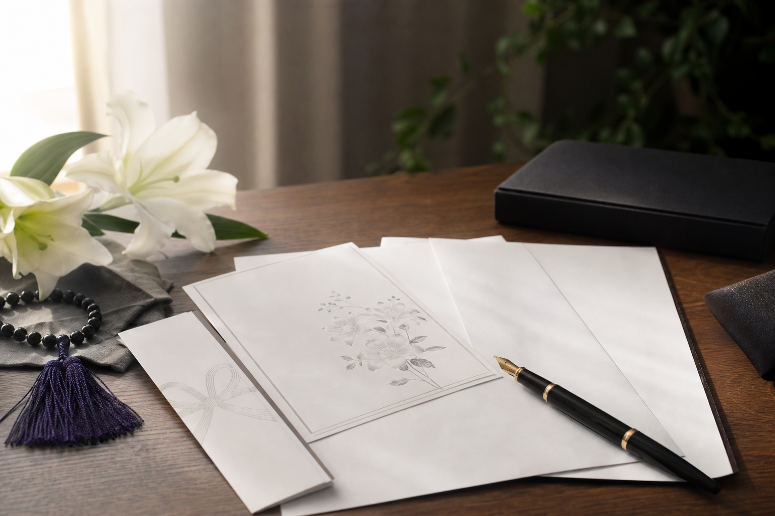 机の上に並ぶ会葬礼状と申請書類、万年筆の静かな情景