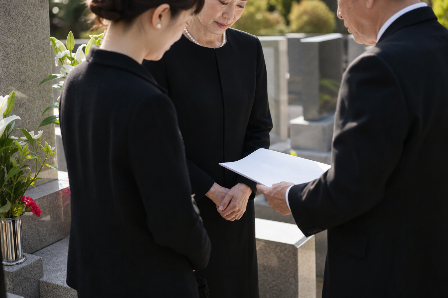 石材店の墓前で書類を確認する遺族の手元