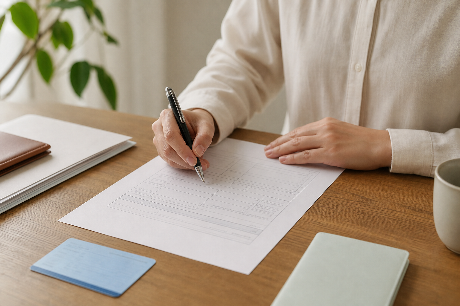 机に並ぶ健康保険証と申請書、ボールペンを持つ手元