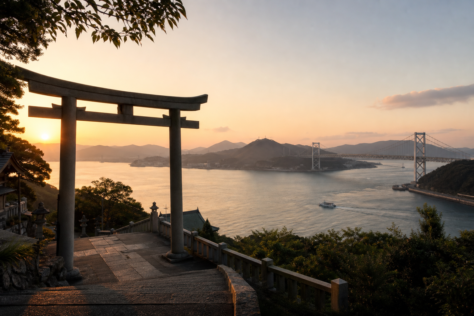 関門海峡を見下ろす朝の和布刈神社の鳥居と海