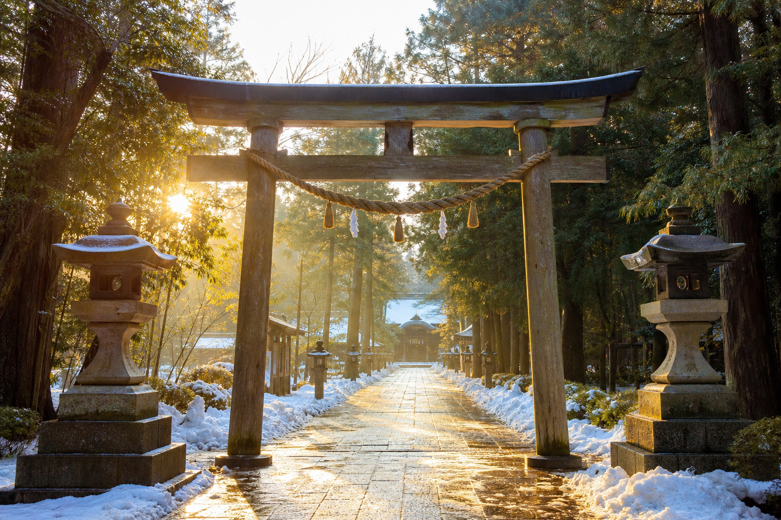 雪の残る神社の鳥居と朝の光が差し込む参道の風景