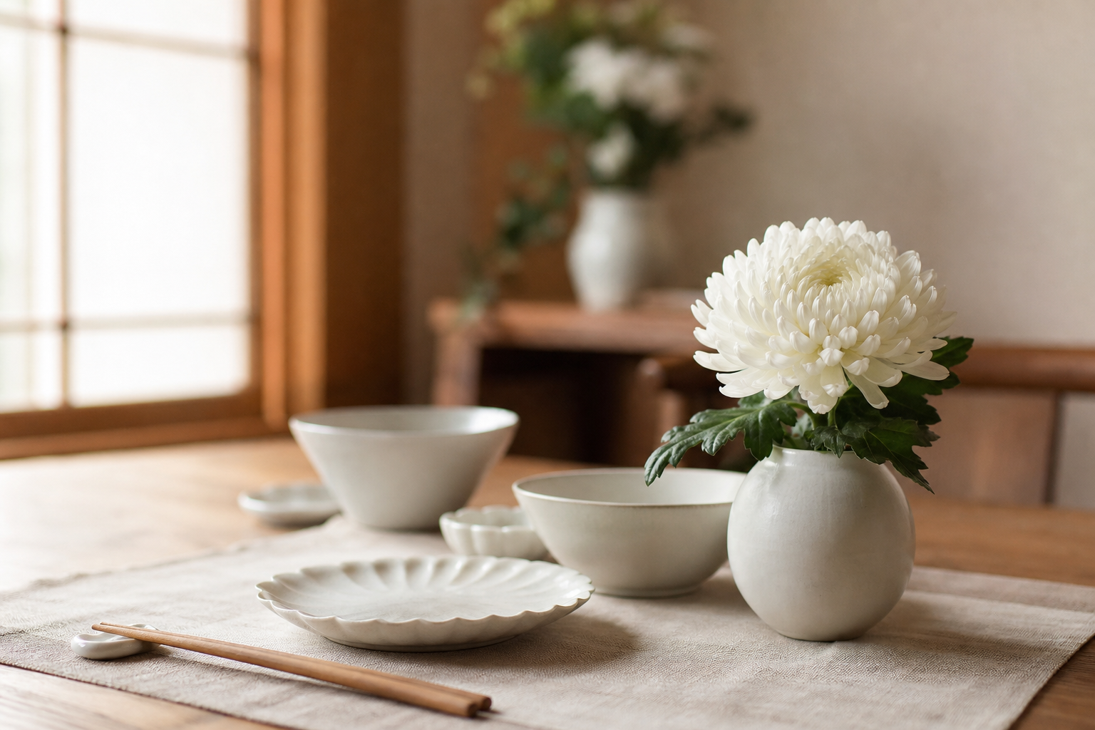 静かな朝の食卓に置かれた白い和食器と一輪の菊