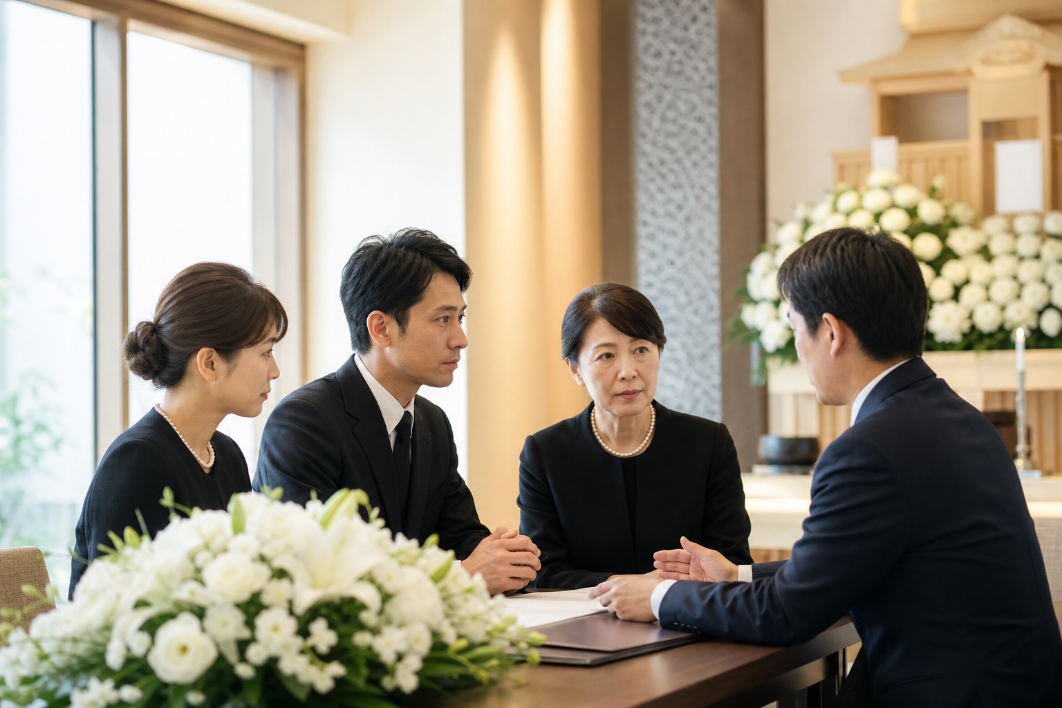 穏やかな光が差し込む葬儀場の打ち合わせテーブルと白い花
