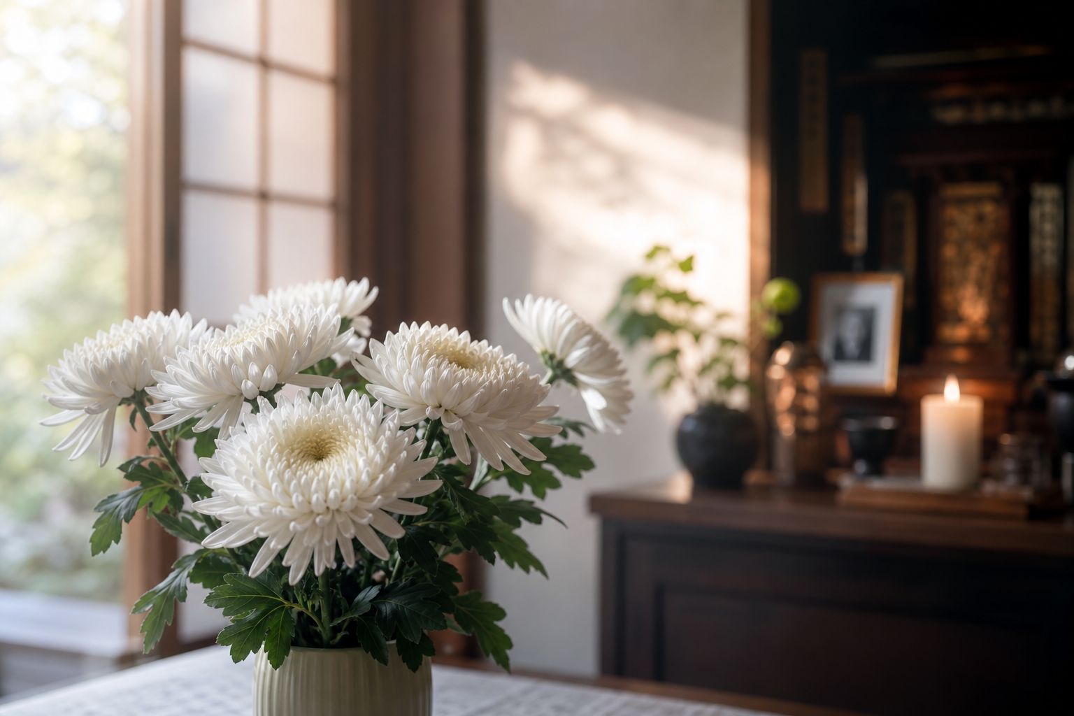 白い菊の花と静かに差し込む朝の光のある室内