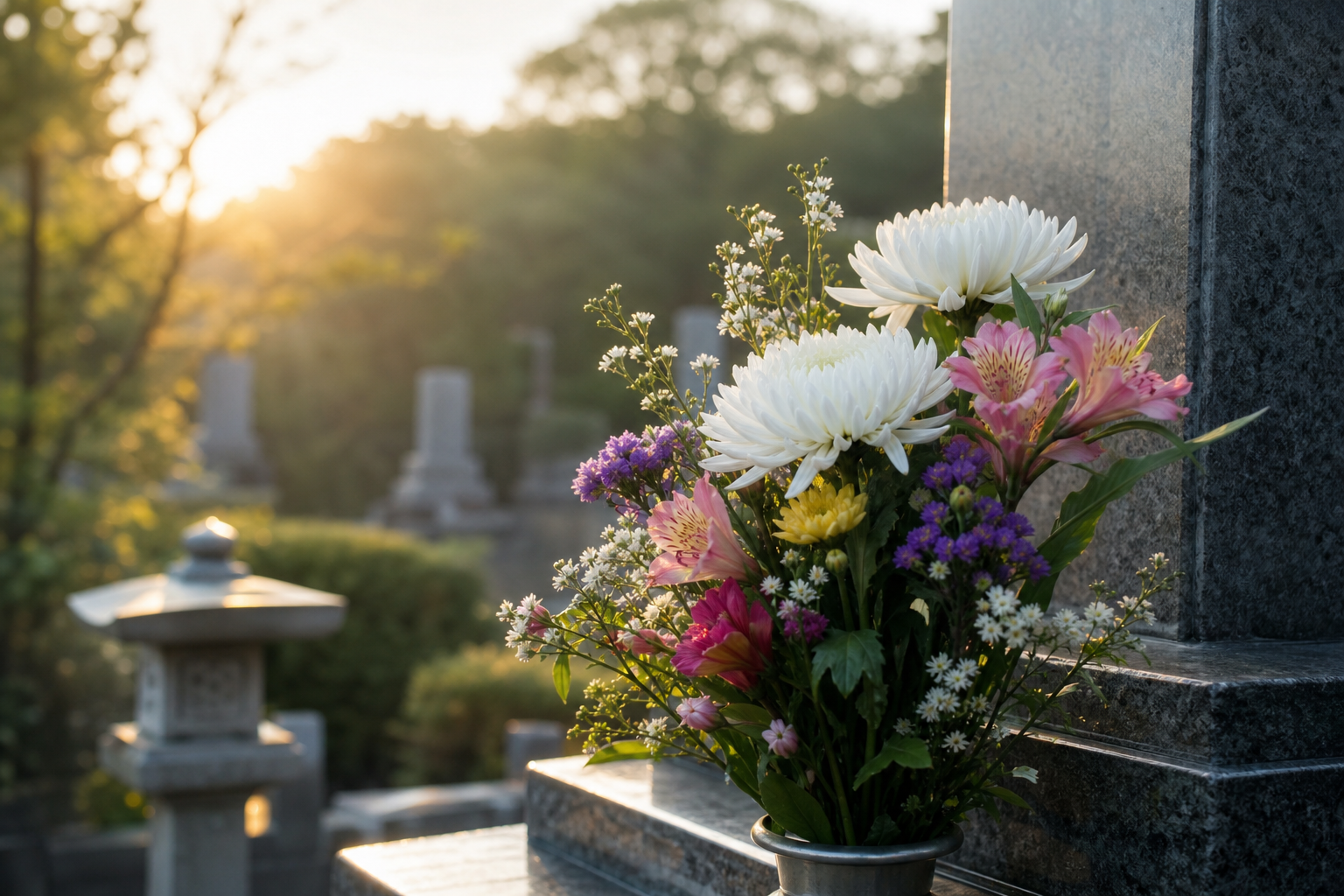 墓前に供えられた白菊と季節の花束、朝の柔らかな光