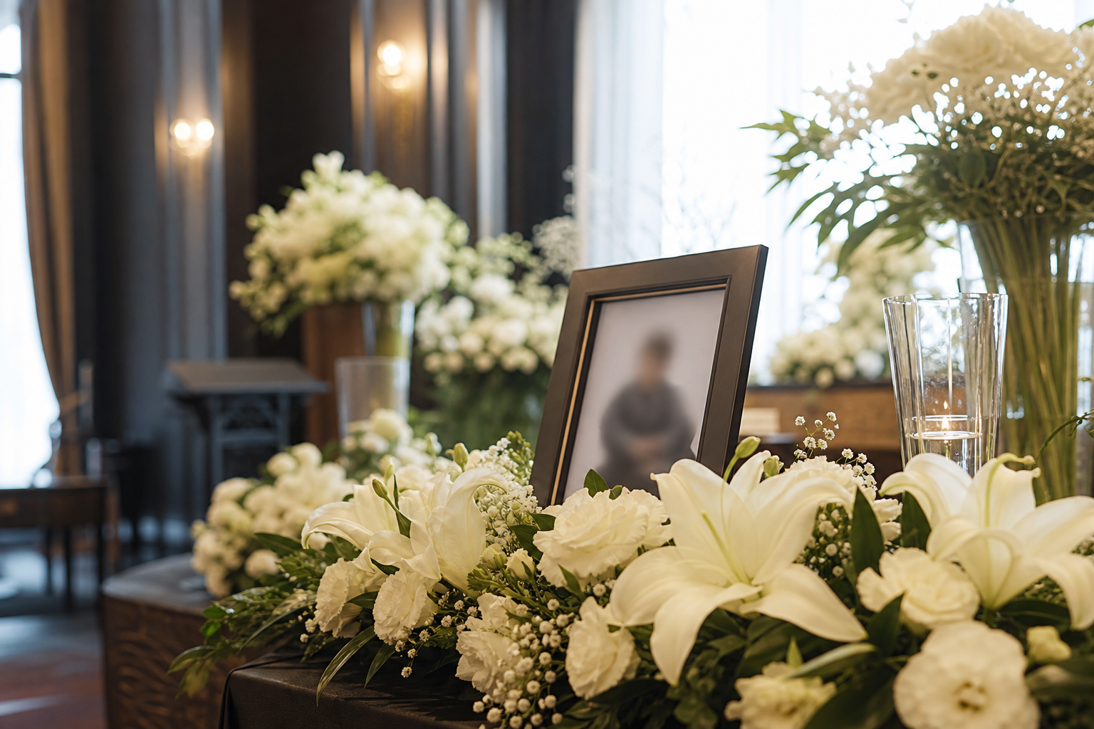 ホテルの会場に並ぶ白い花と故人の遺影フレーム