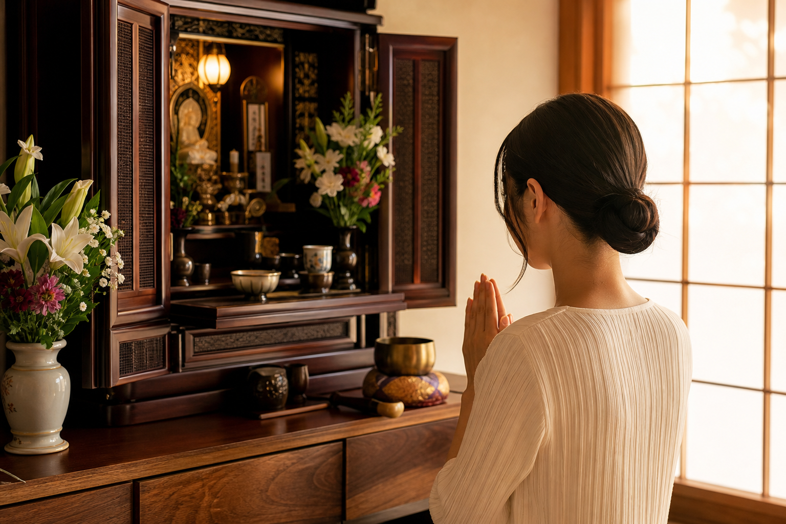 朝の光が差す仏壇に手を合わせる女性の後ろ姿