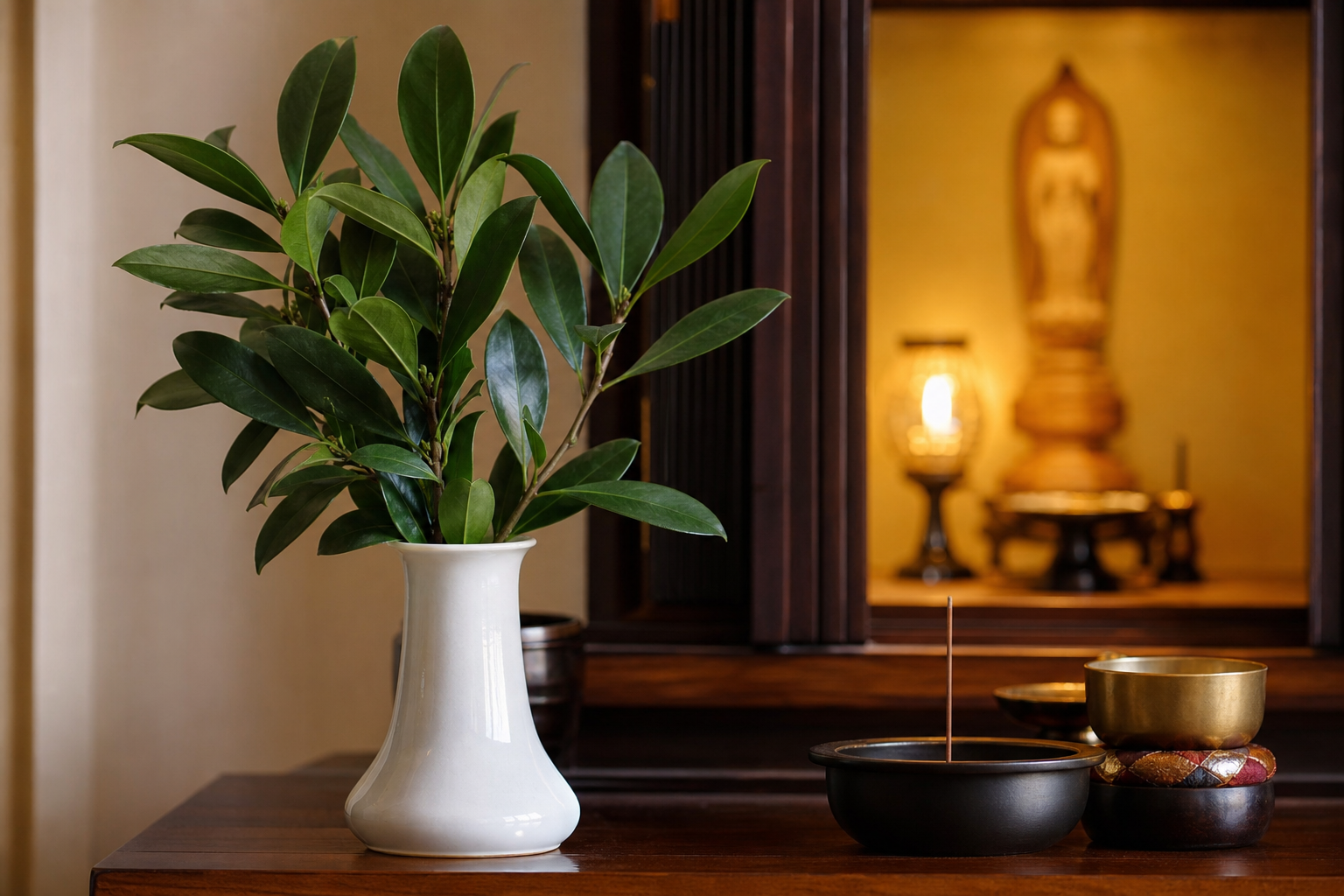 白い陶器の花立に活けられた樒の枝と仏壇の静かな光