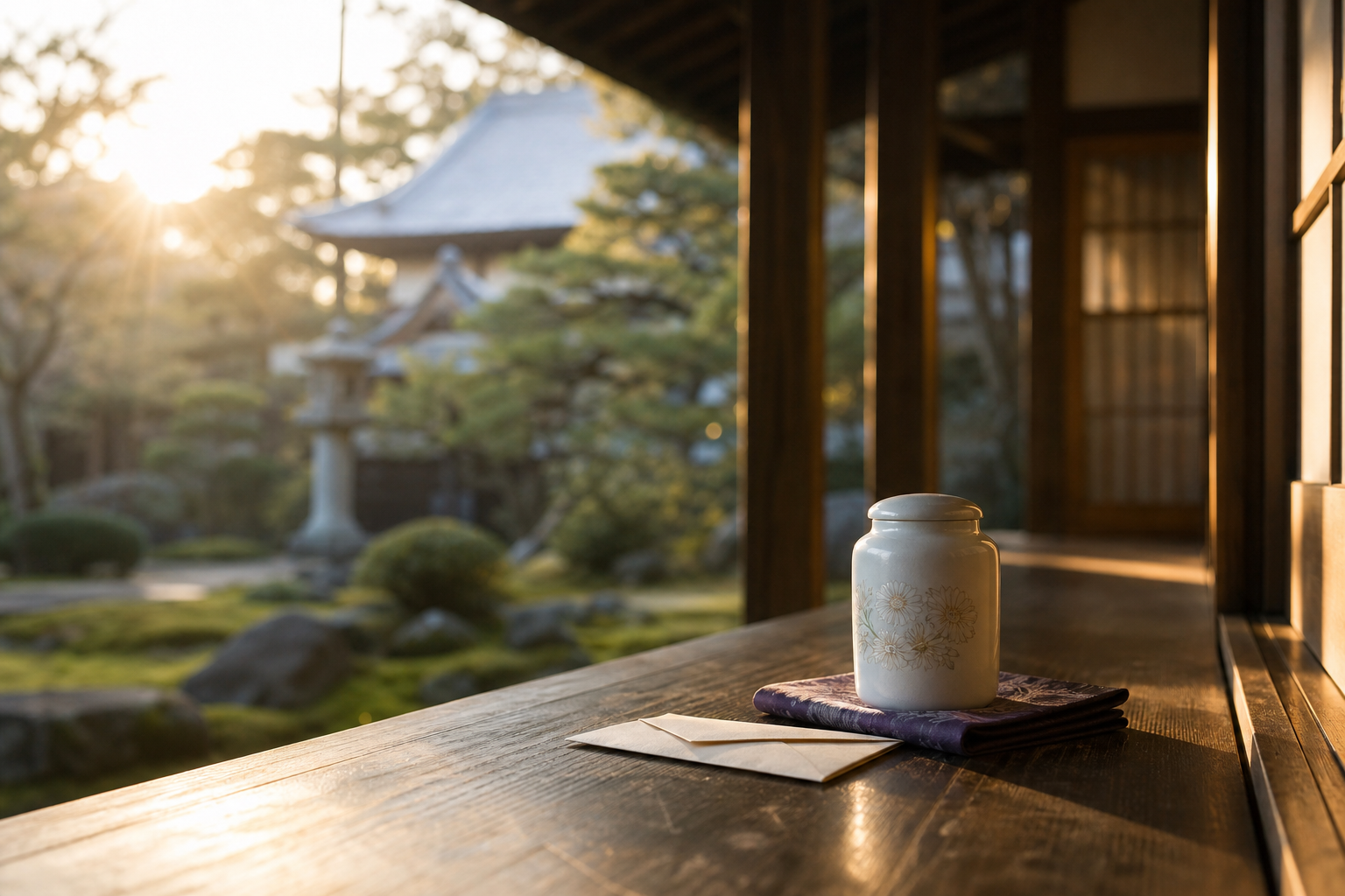 朝の光が差す本堂の縁側に置かれた小さな骨壷と手紙