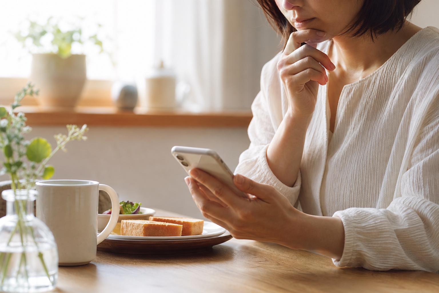 静かな朝の食卓でスマホを見つめて考え込む手元