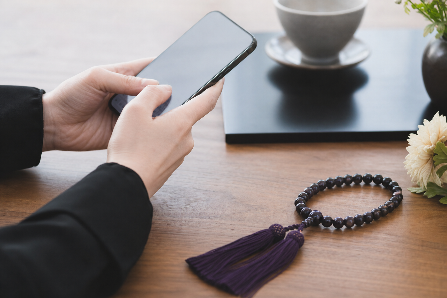 スマートフォンで訃報の返信文を打つ手元と机の上の数珠