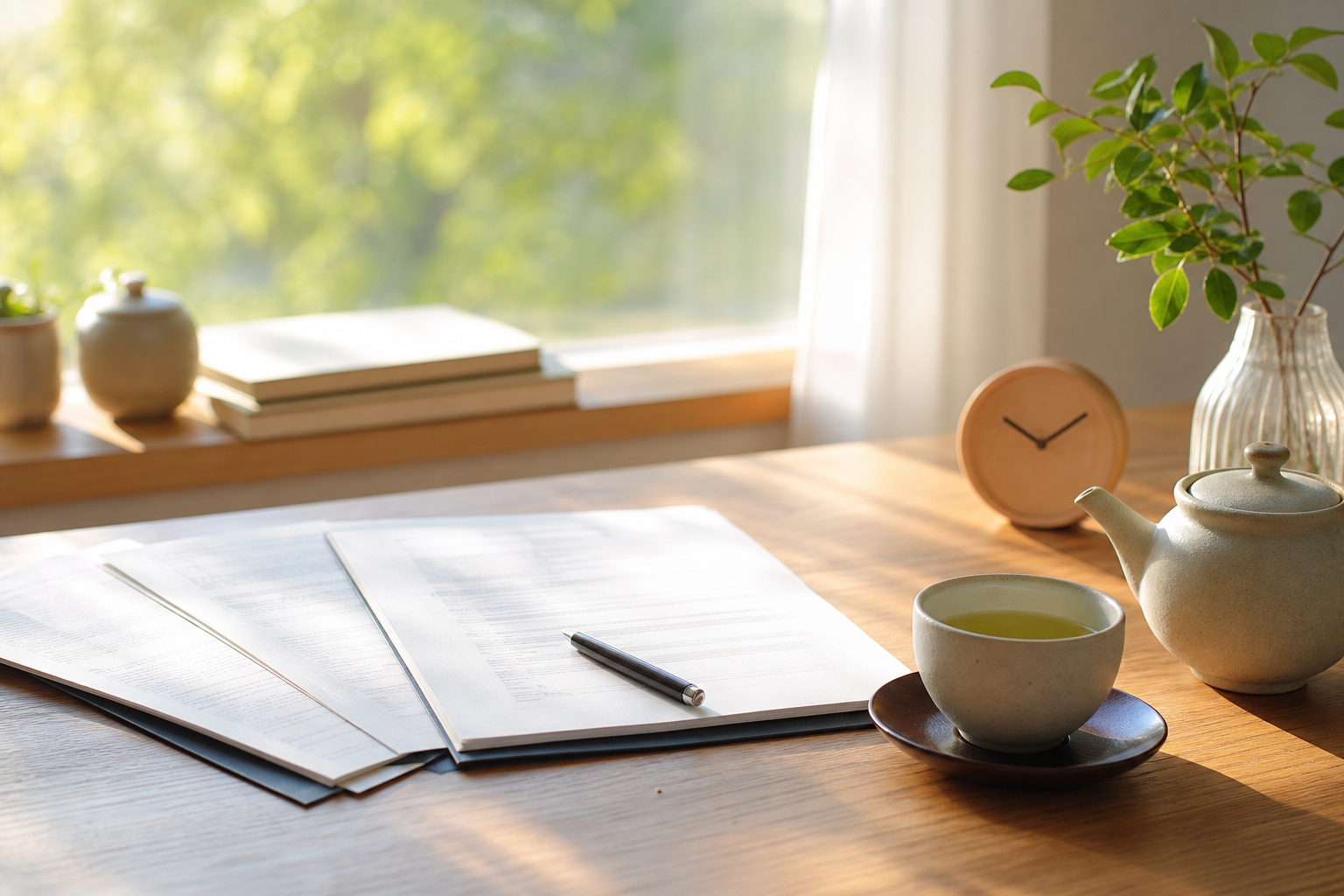 机の上に広げられた契約書とお茶、窓辺の穏やかな朝の光