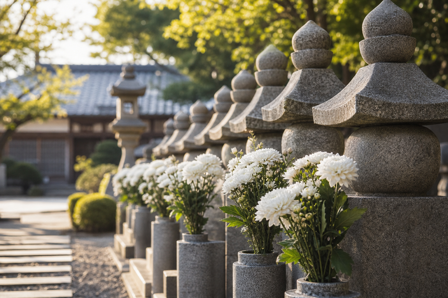 静かな寺院の境内に並ぶ石塔と白い花