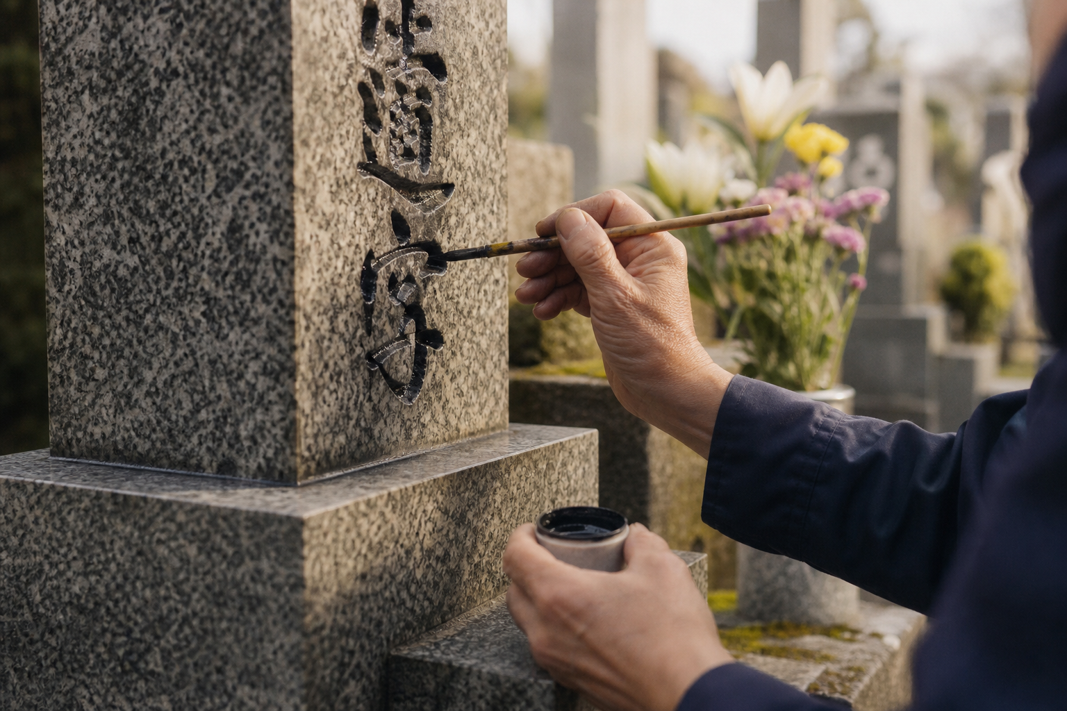 墓石の文字を筆で丁寧に塗り直している手元