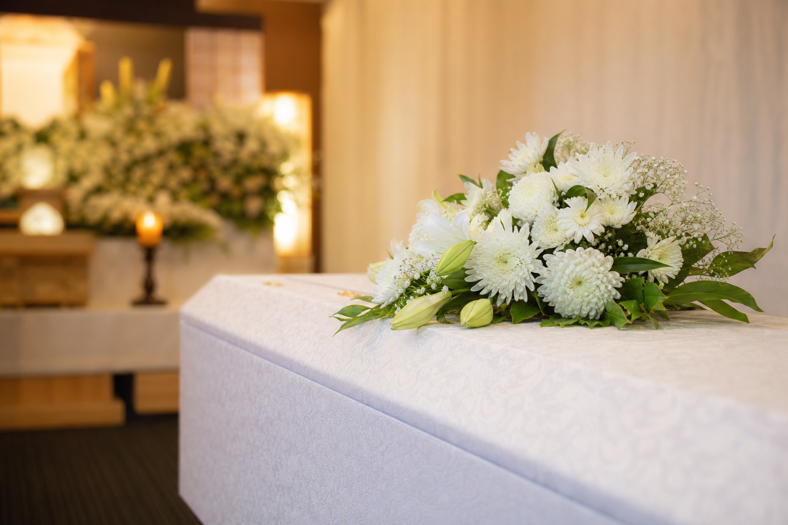 白い菊の花束と落ち着いた式場の一角