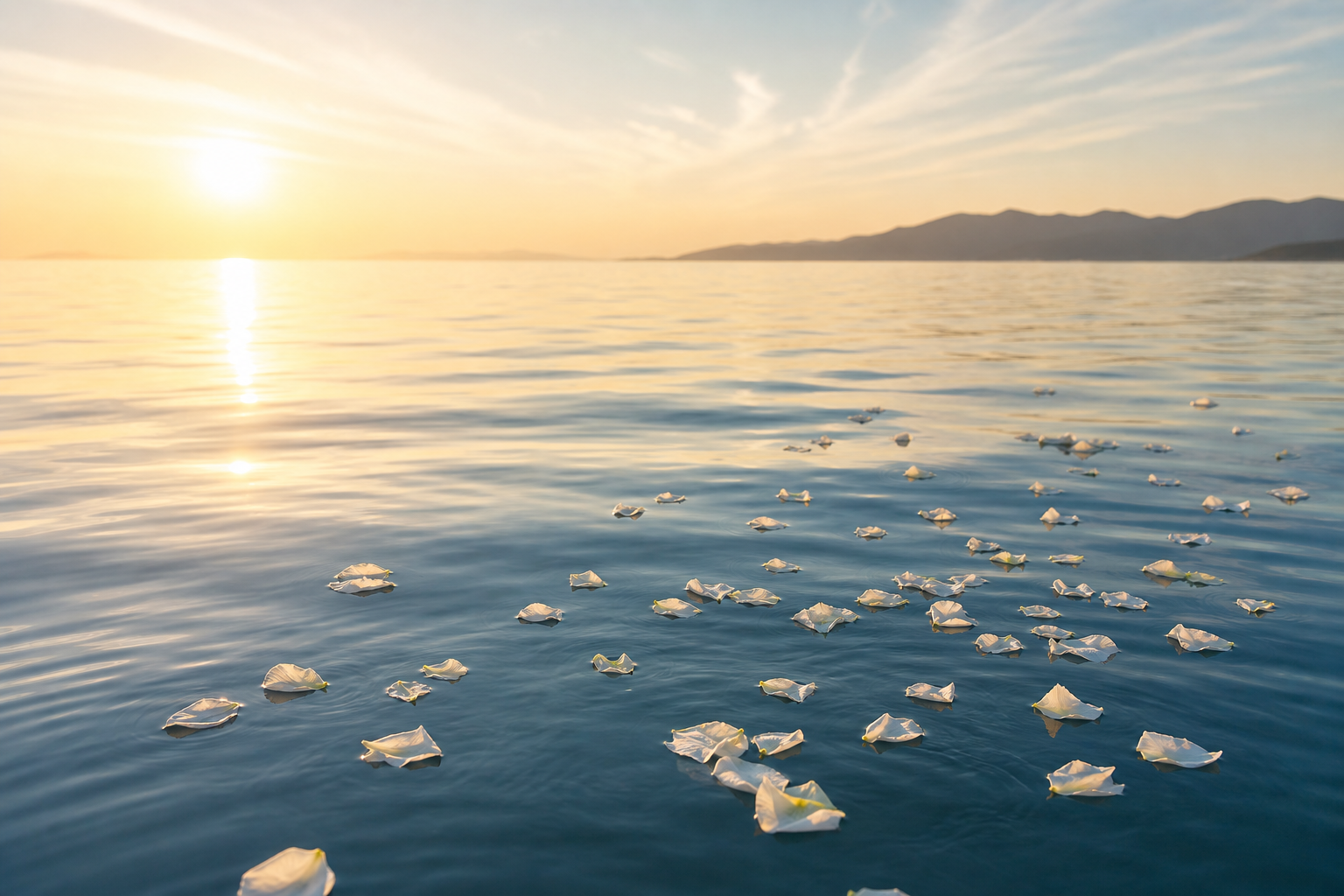 静かな海に散骨用の白い花びらが浮かぶ穏やかな朝の情景
