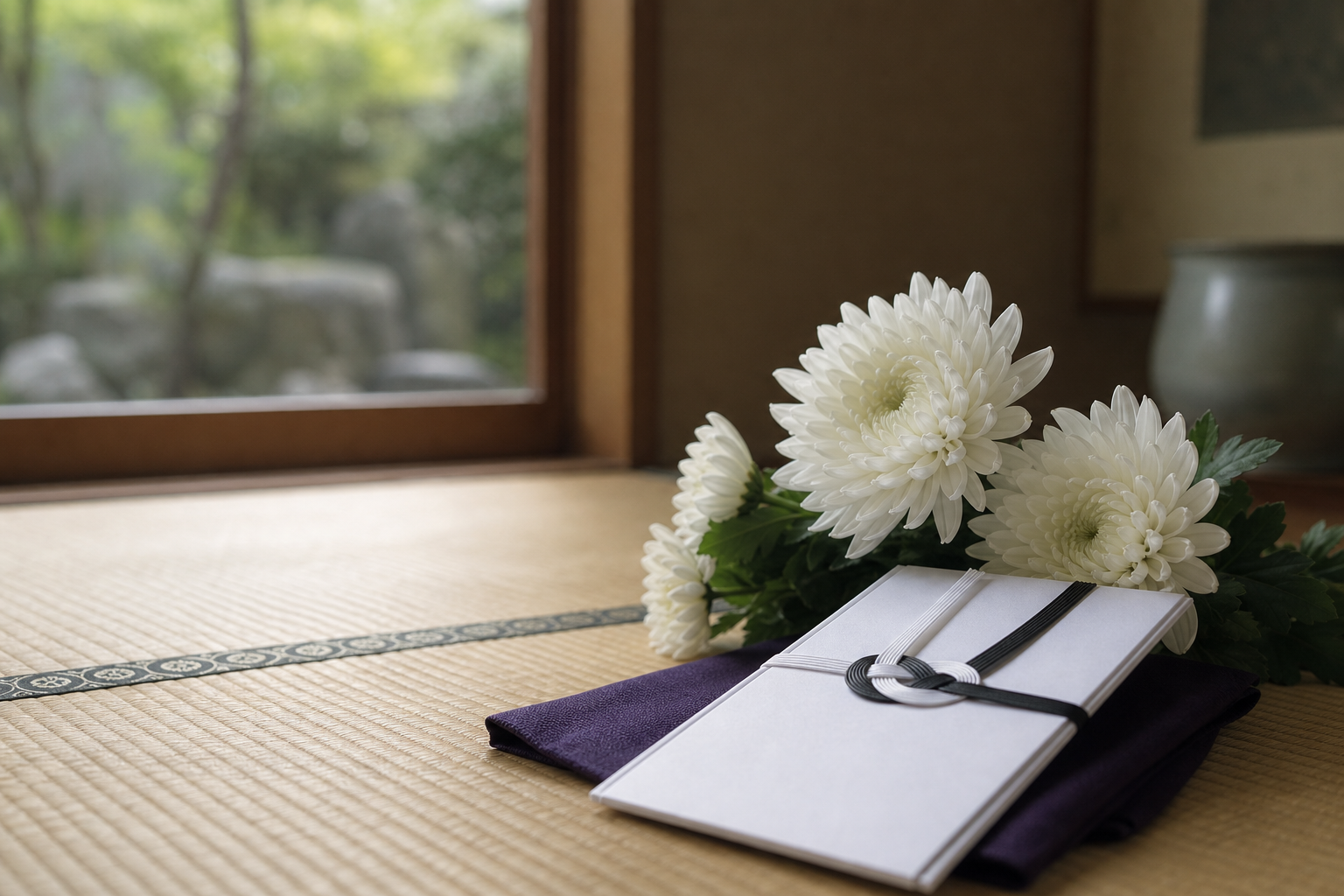 白い菊の花と香典袋が静かに置かれた和室の一角