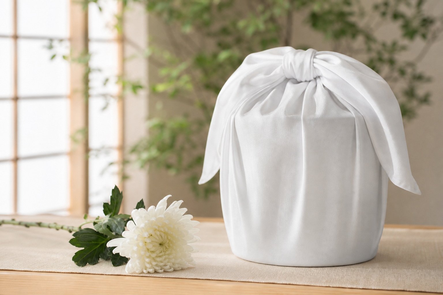 白布に包まれた骨壷と一輪の白菊
