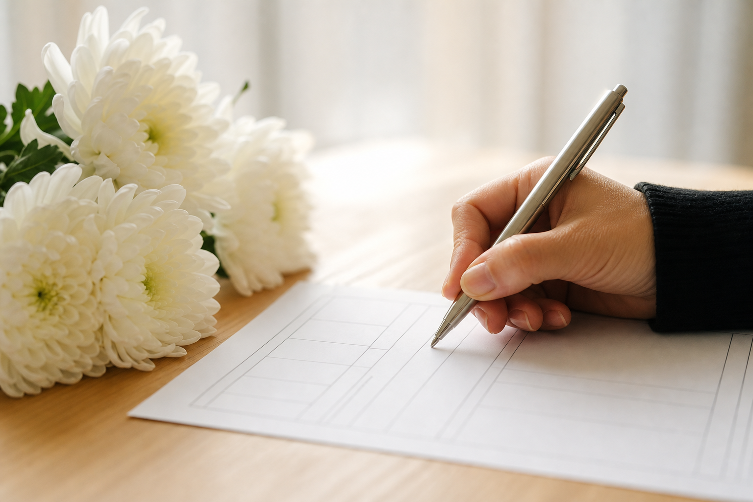 書類に記入する手元と白い菊の花