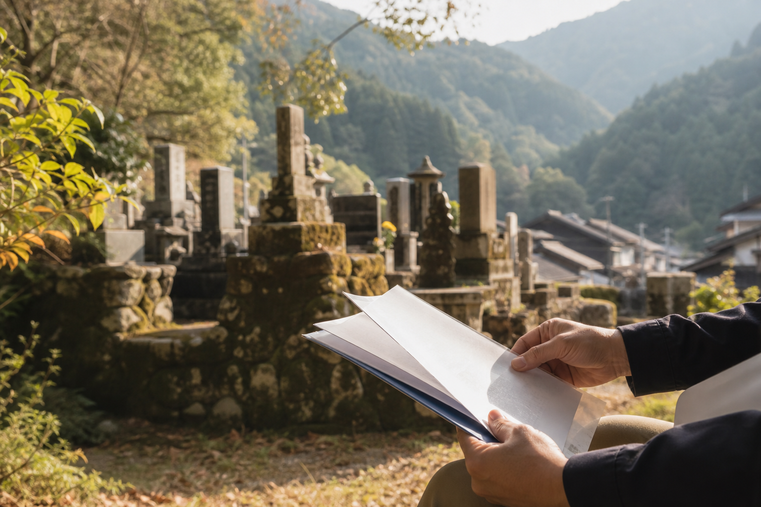 山間の集落にある古い共同墓地と、書類を確認する手元