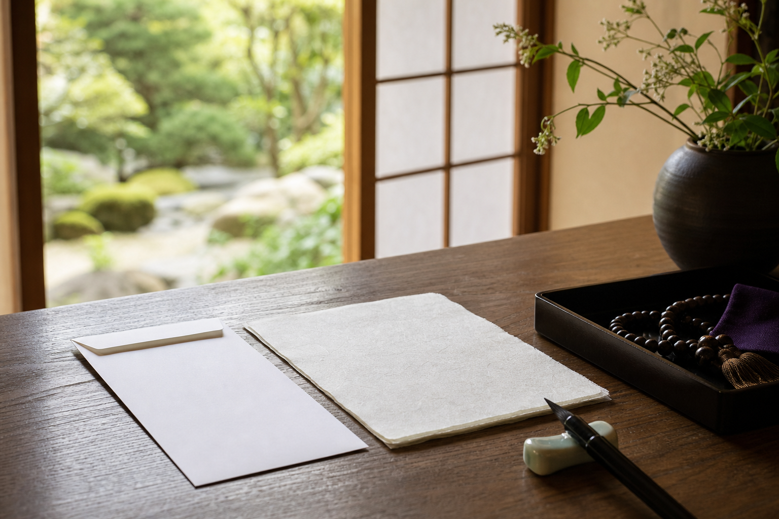 白い封筒と奉書紙、筆ペンが並ぶ静かな和室の机