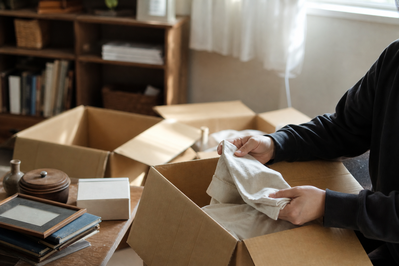 アパートの一室で段ボールと遺品を静かに整理する手元