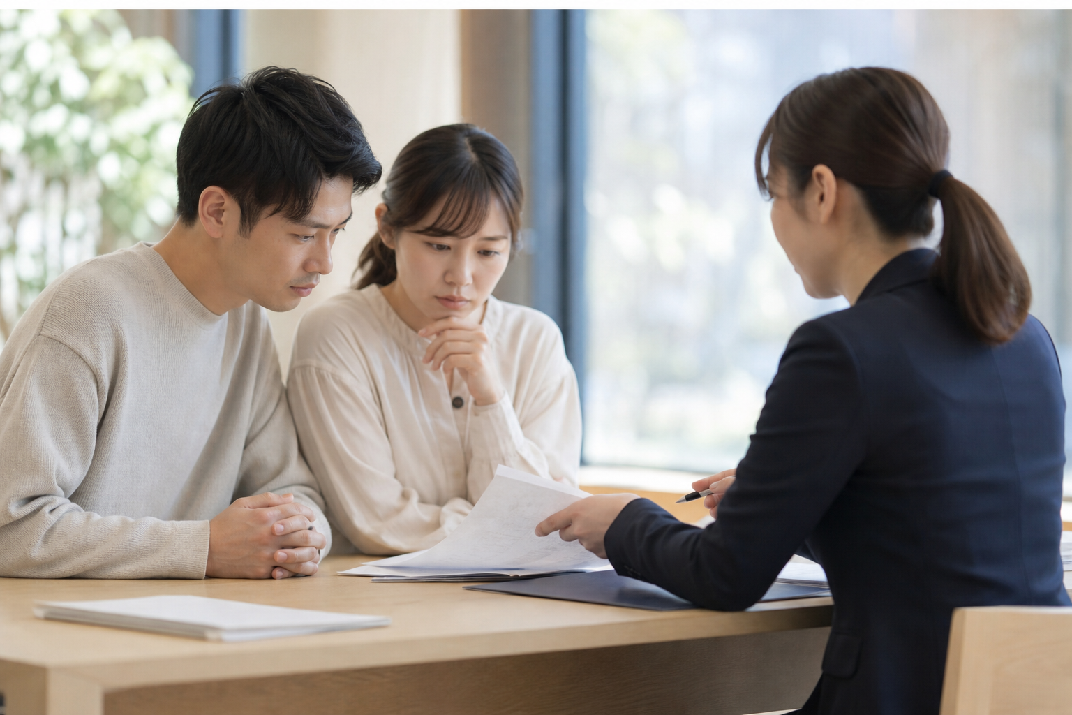 役所の窓口で書類を確認する家族の手元