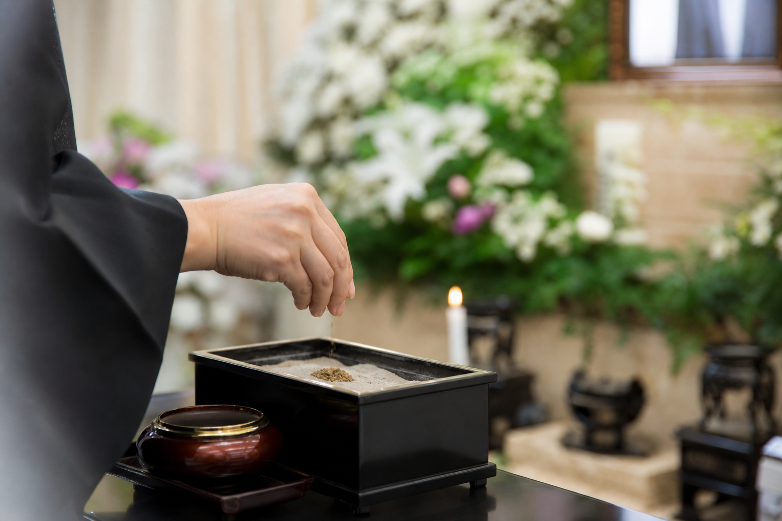 祭壇前で焼香をする参列者の手元と抹香の情景