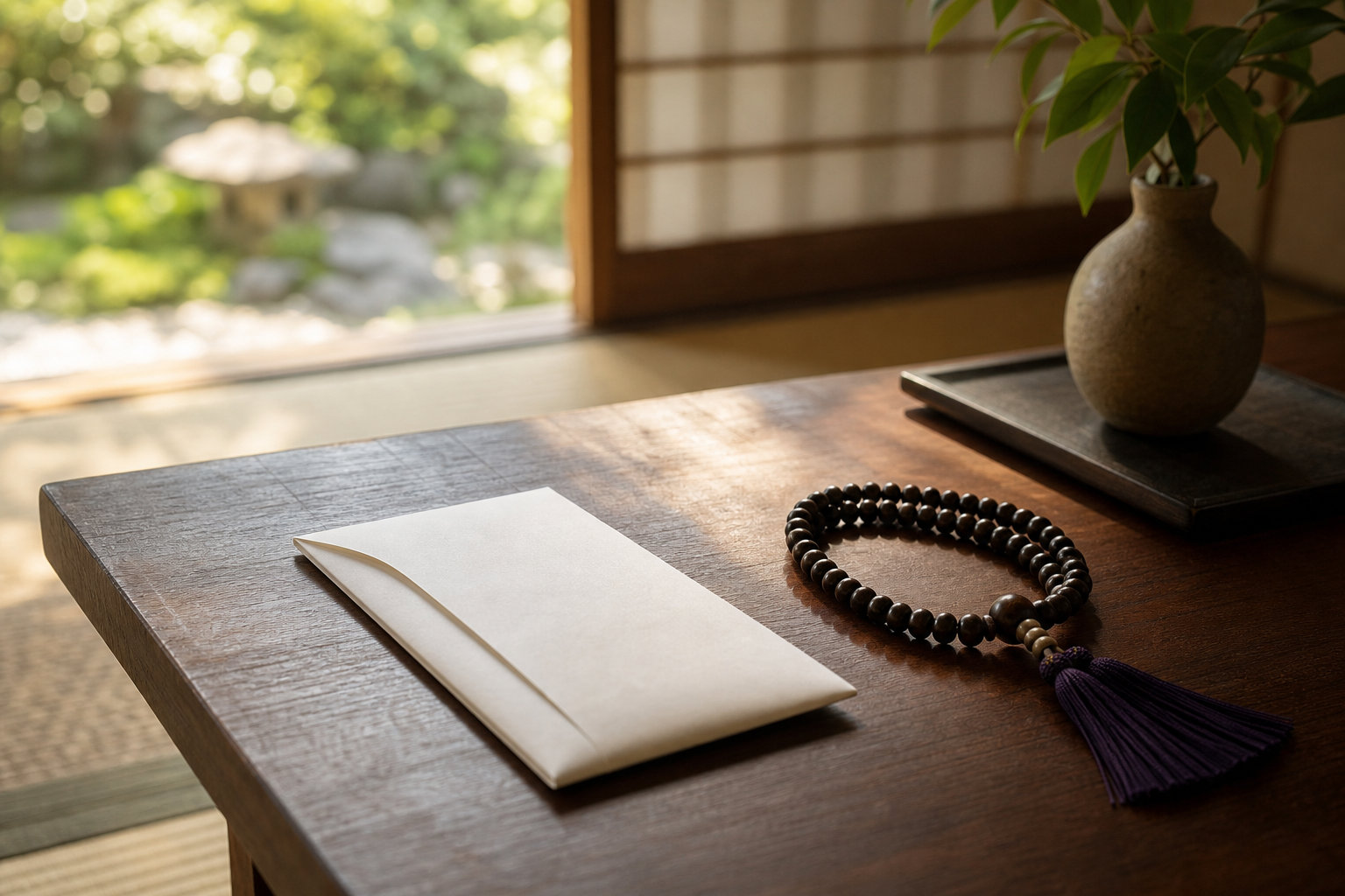 白い封筒と数珠、静かな朝の光が差し込む座卓