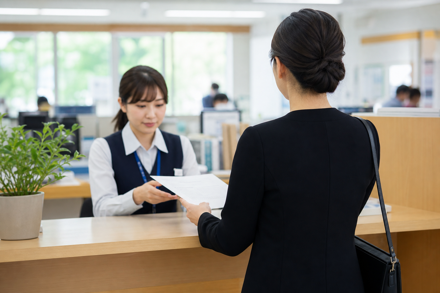 役所の窓口で申請書を手にする喪主の後ろ姿