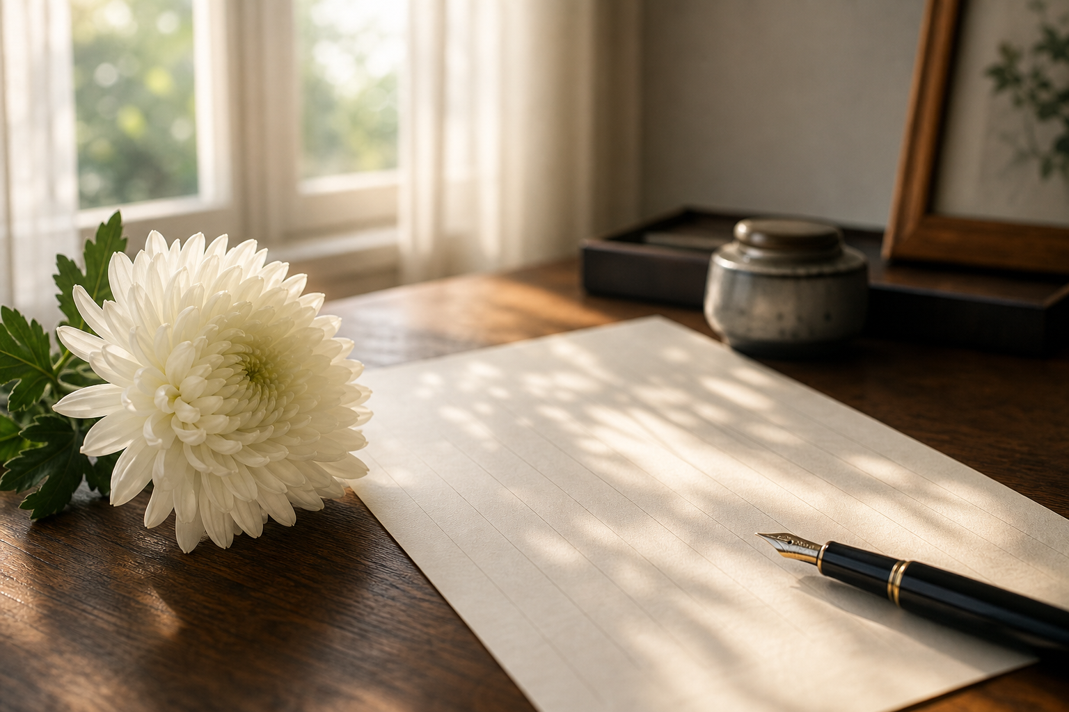 白い菊と万年筆が置かれた木製の机に遺言書の便箋が広がる静かな朝の光景