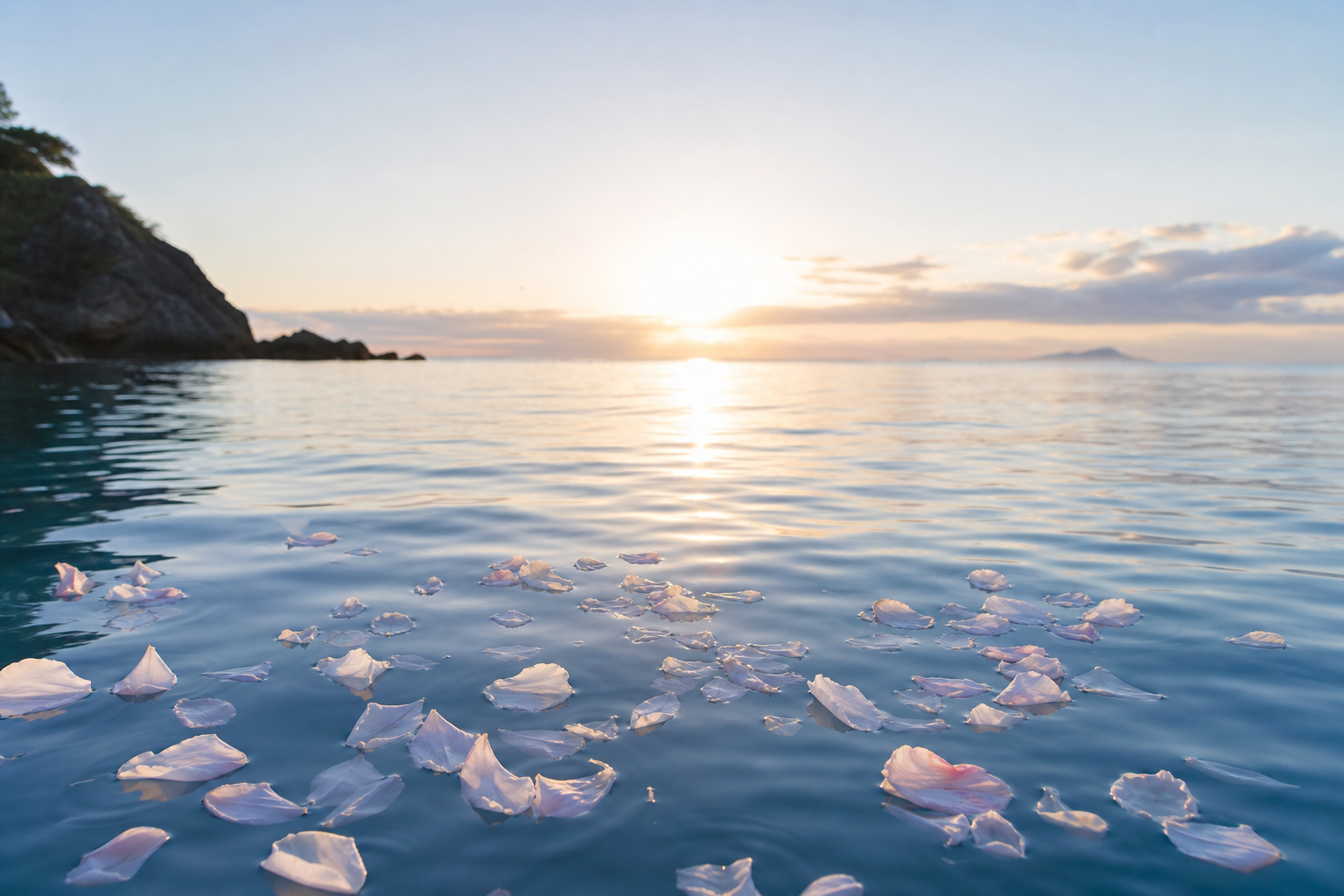 穏やかな朝の海と白い花びらが浮かぶ静かな水面