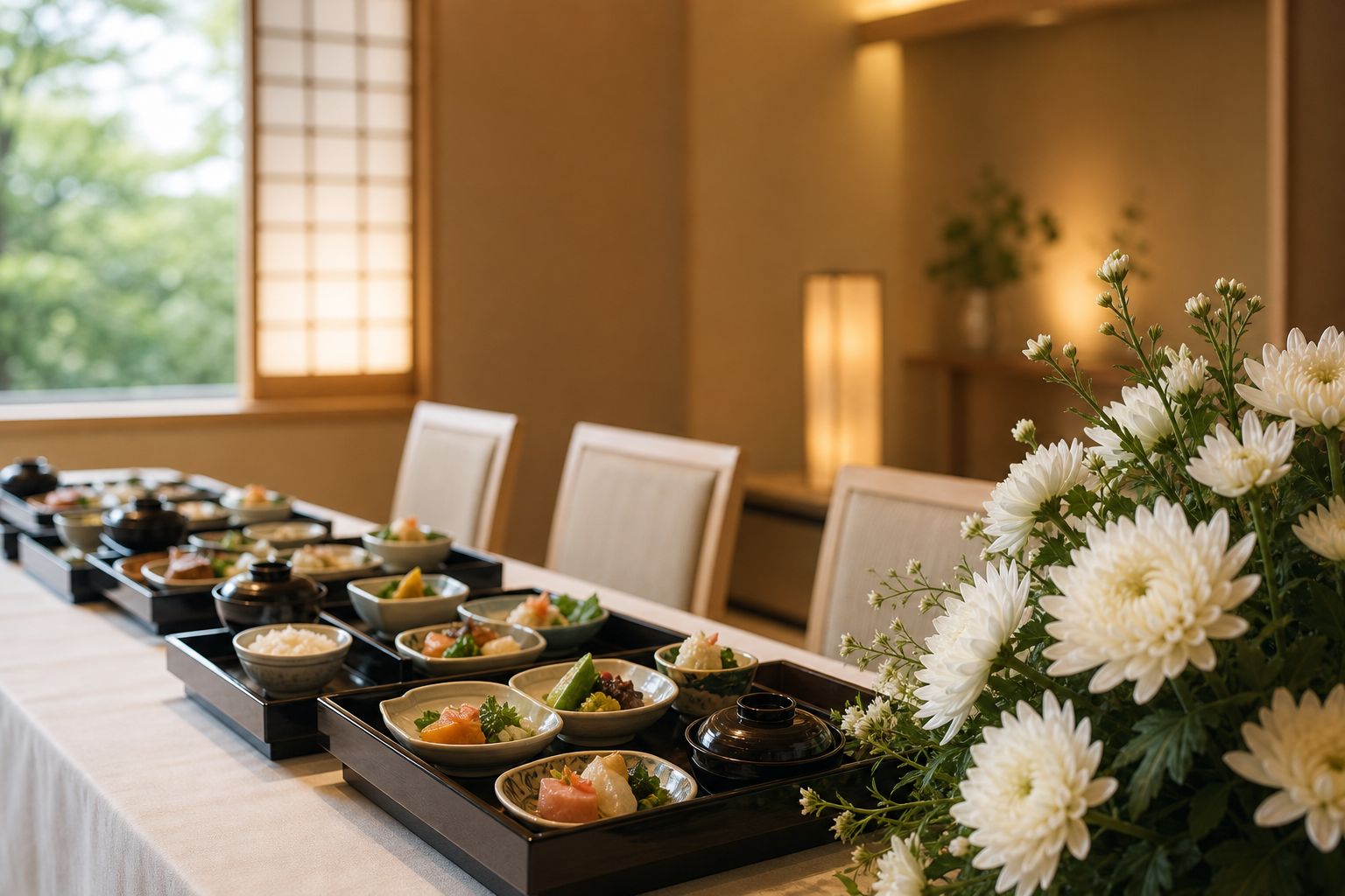 式場の一室で静かに並ぶ会席膳と白い菊