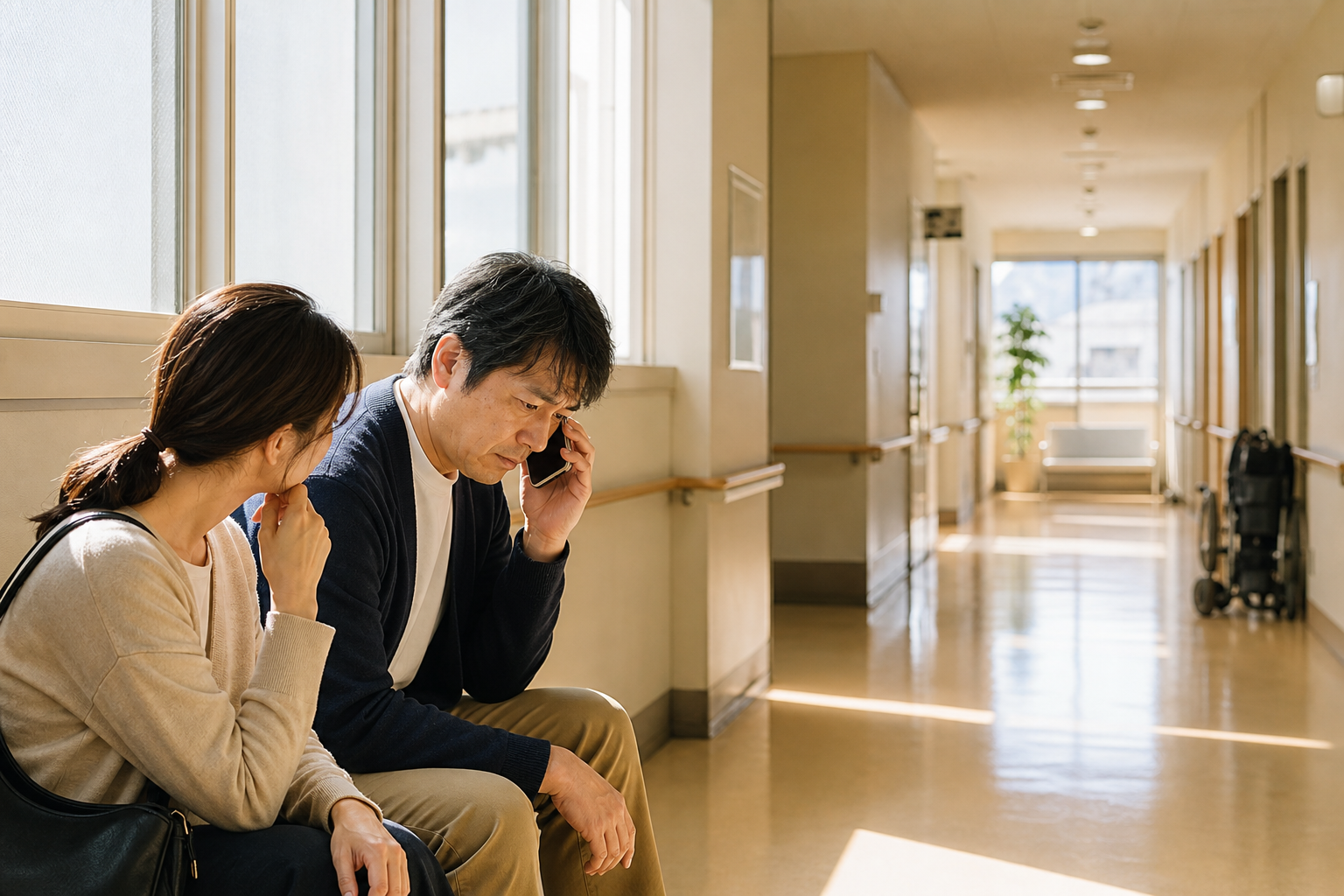 病院の廊下で電話を手にする家族と静かな朝の光