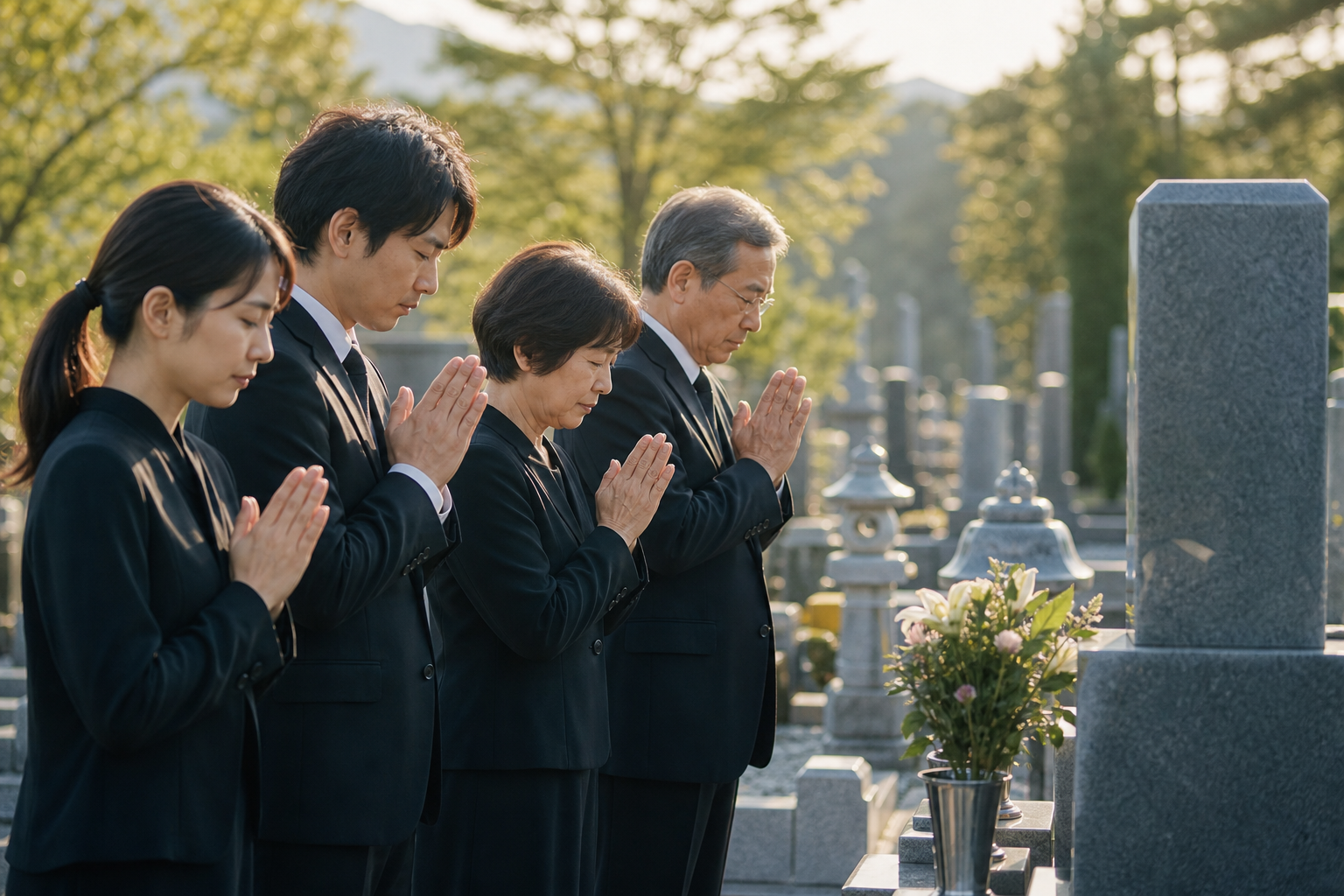 穏やかな墓地で家族が手を合わせる静かな朝の情景