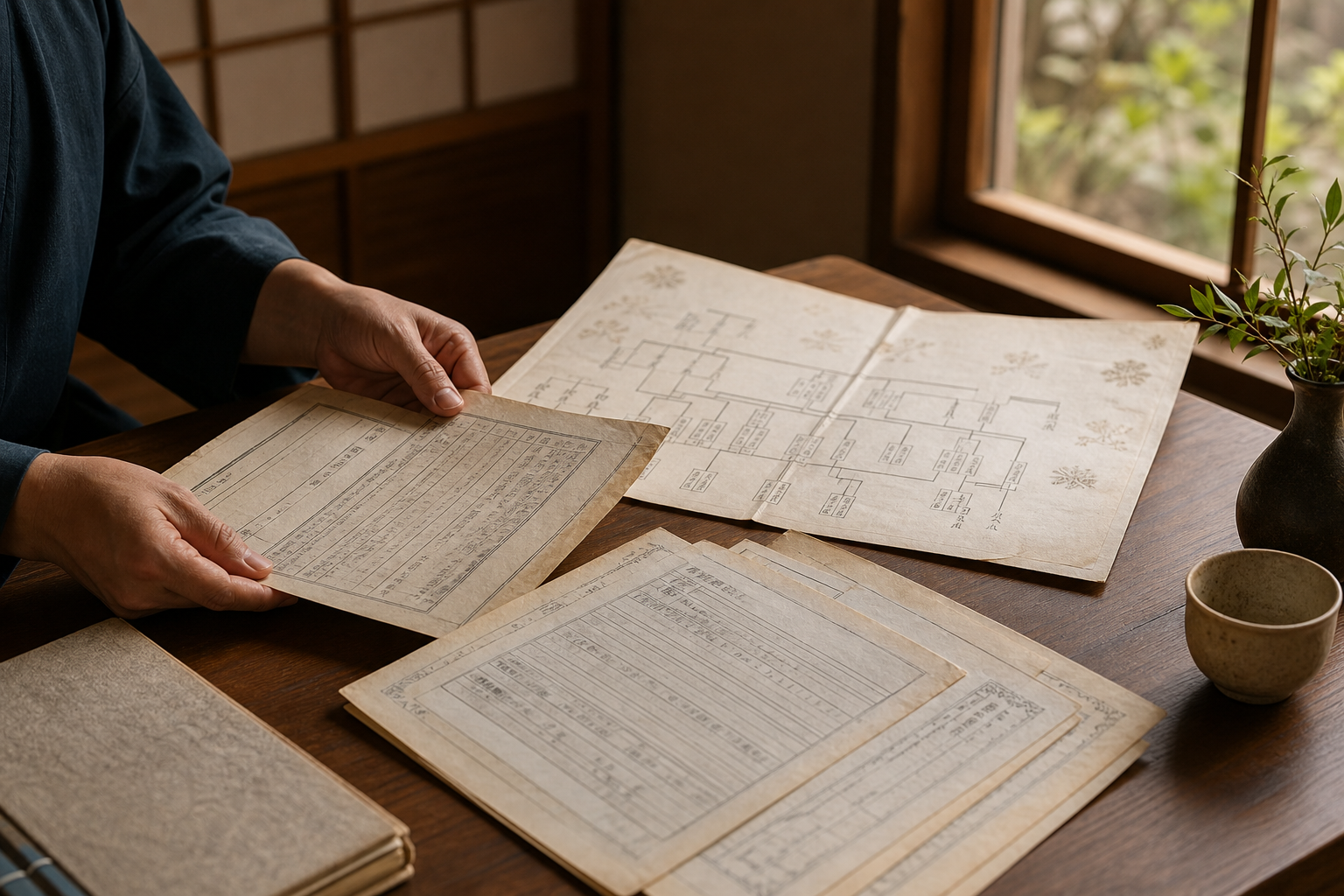 和室の机で古い戸籍謄本と家系図を静かに広げる手元